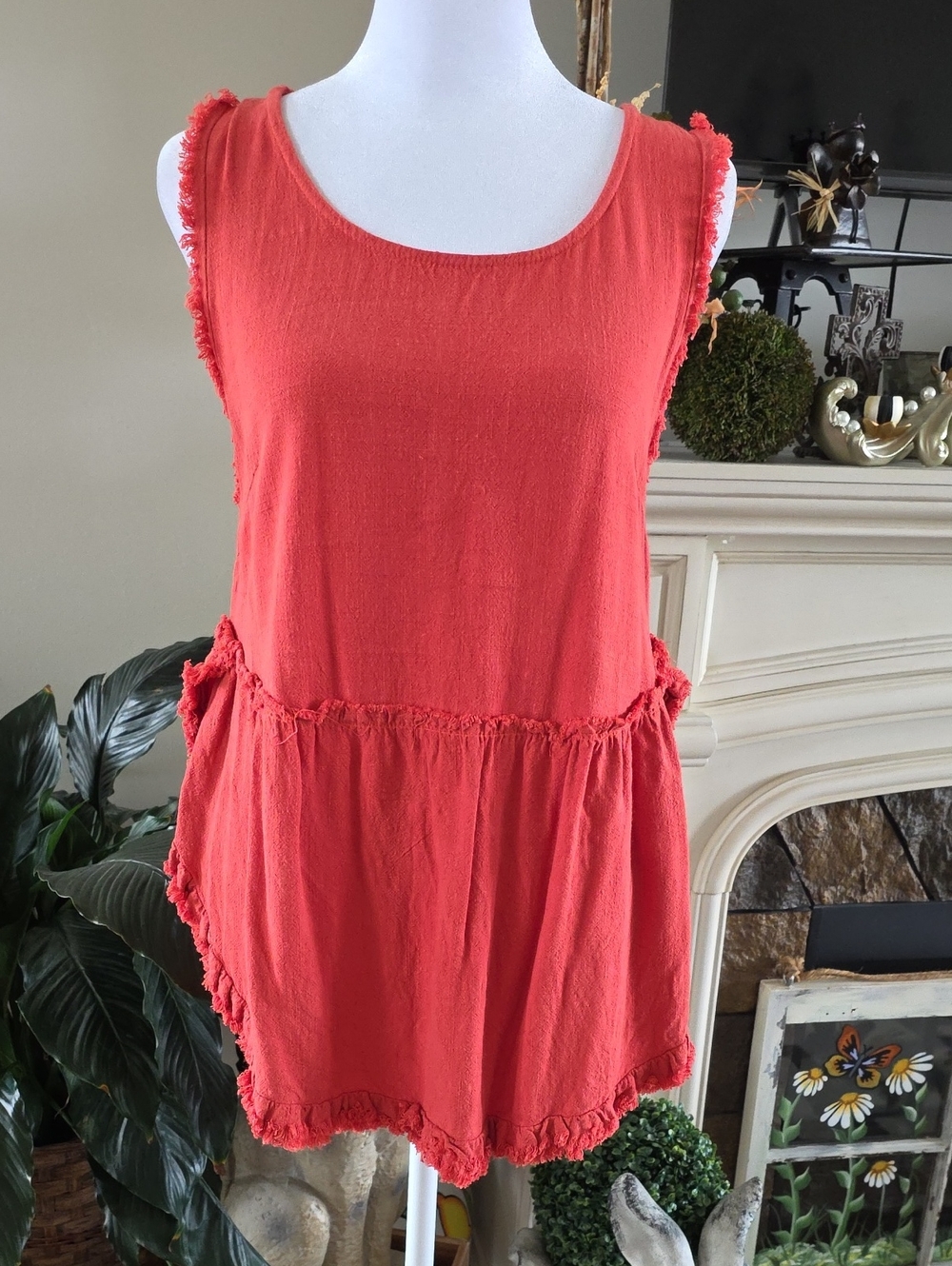 Umgee Coral Red Sleeveless Scoop Neck Tunic